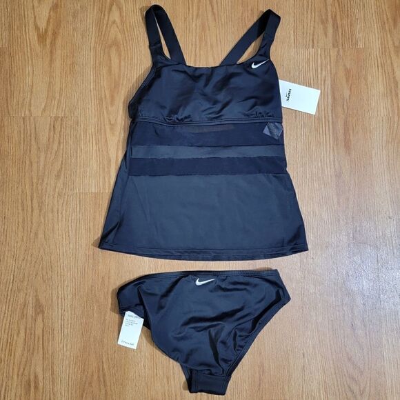Nike Swim 2 Piece Bathing Suit Swimsuit Mesh Tankini Bikini Black White Size S - Picture 5 of 10